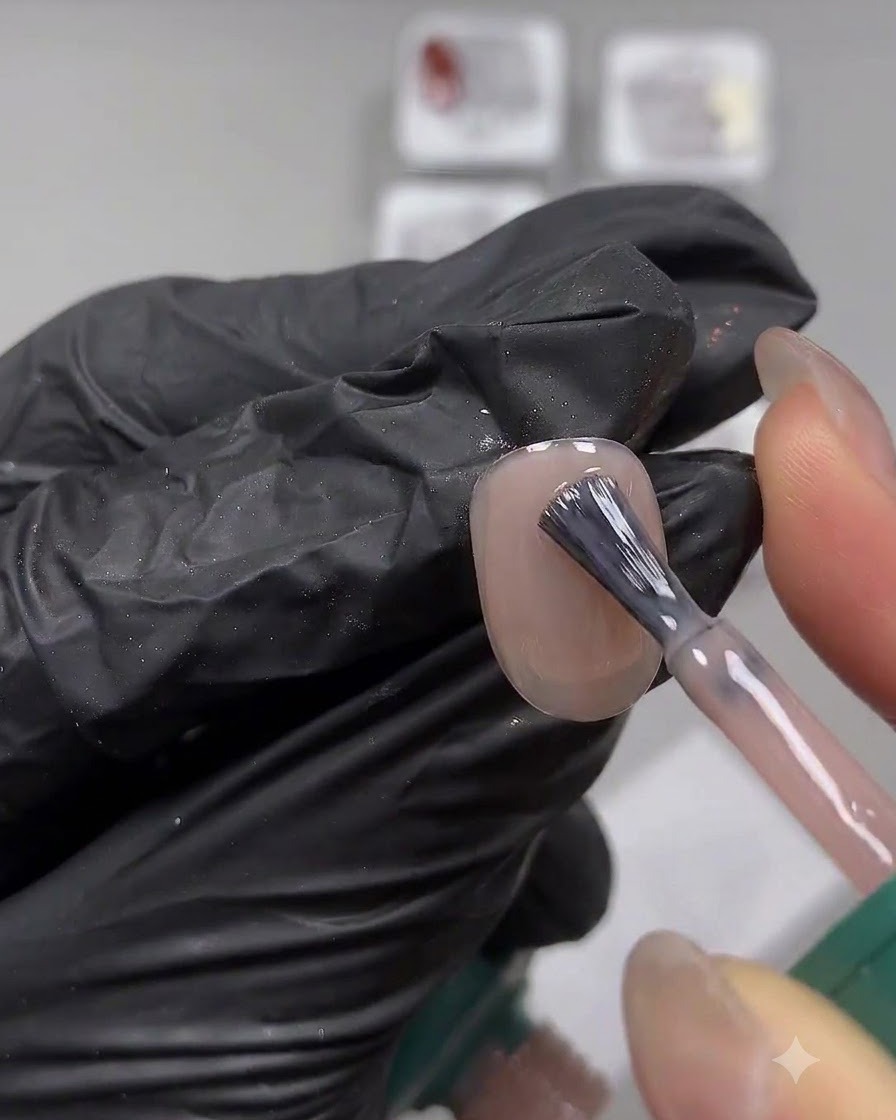 Un pinceau à ongles appliquant soigneusement une couche lisse de vernis gel nude laiteux sur un ongle naturel.