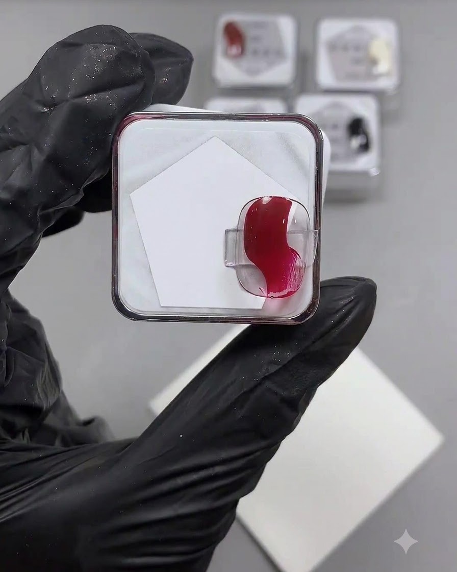 Une spatule ou un pinceau plaçant des noisettes de gel rouge en pot vibrant sur une palette de mélange blanche propre.