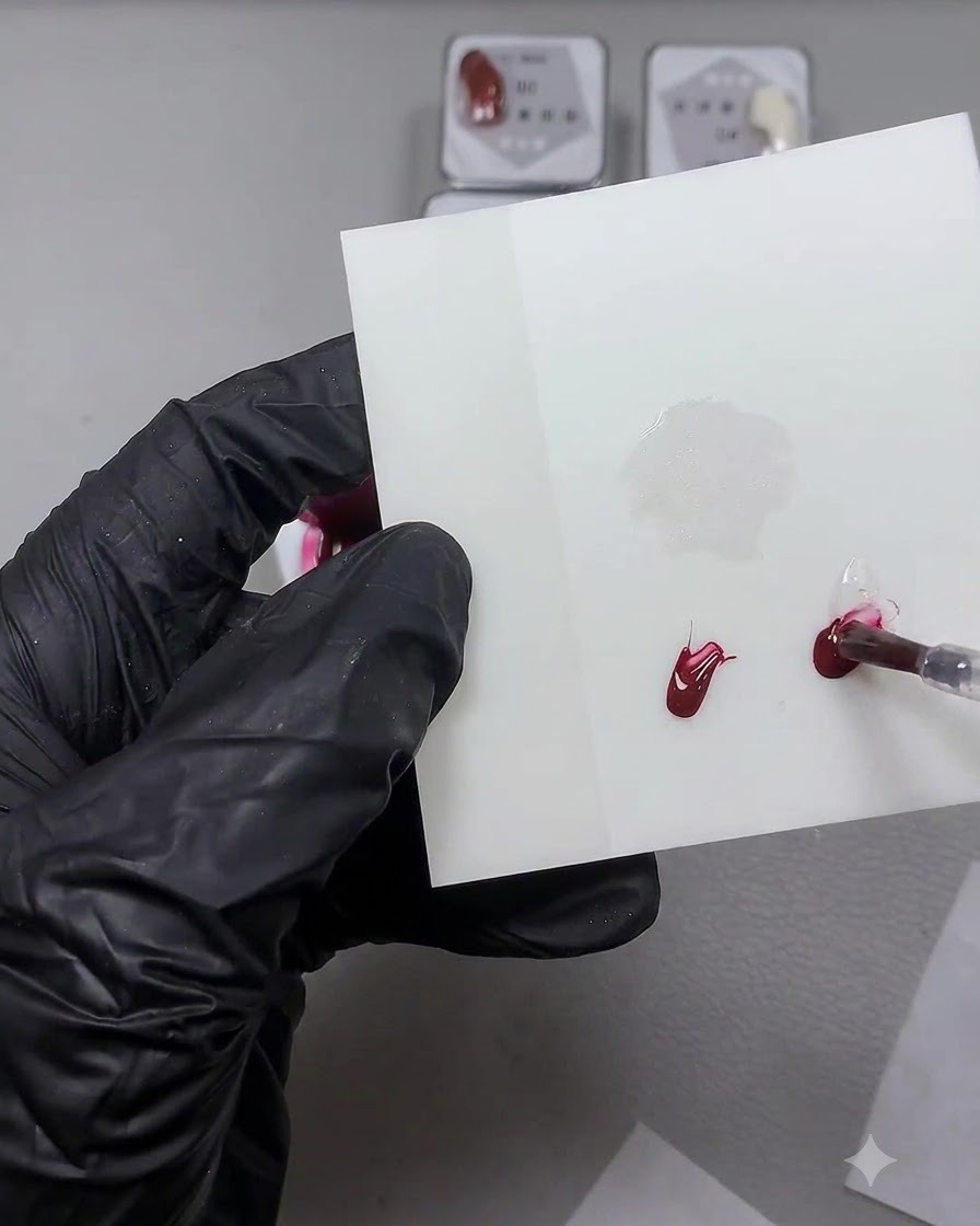 Un pinceau fin pour nail art mélangeant une noisette de gel rouge avec du gel de base transparent sur une surface de mélange blanche.