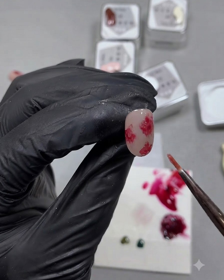 Un pinceau fin tamponnant du gel de base transparent autour des bords des formes de fleurs rouges peintes pour créer un doux effet de blooming aquarelle.