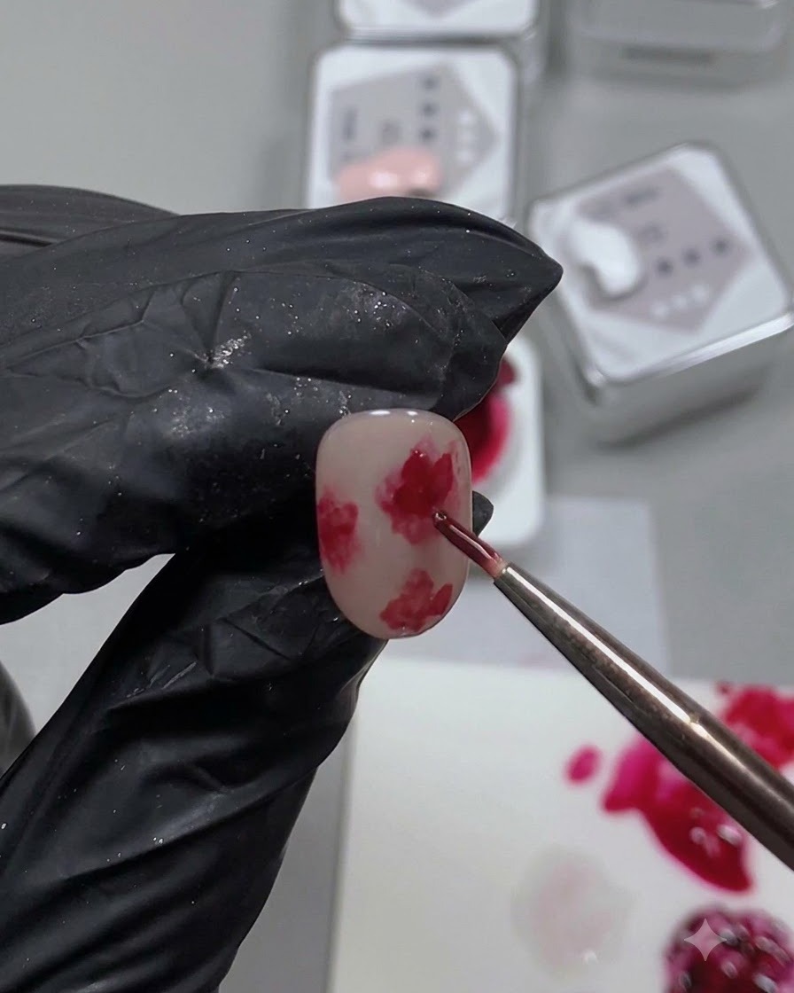 Un pinceau de détail fin ajoutant un détail de centre rouge plus foncé à lintérieur de la couche de pétales de rose pré-estompée.