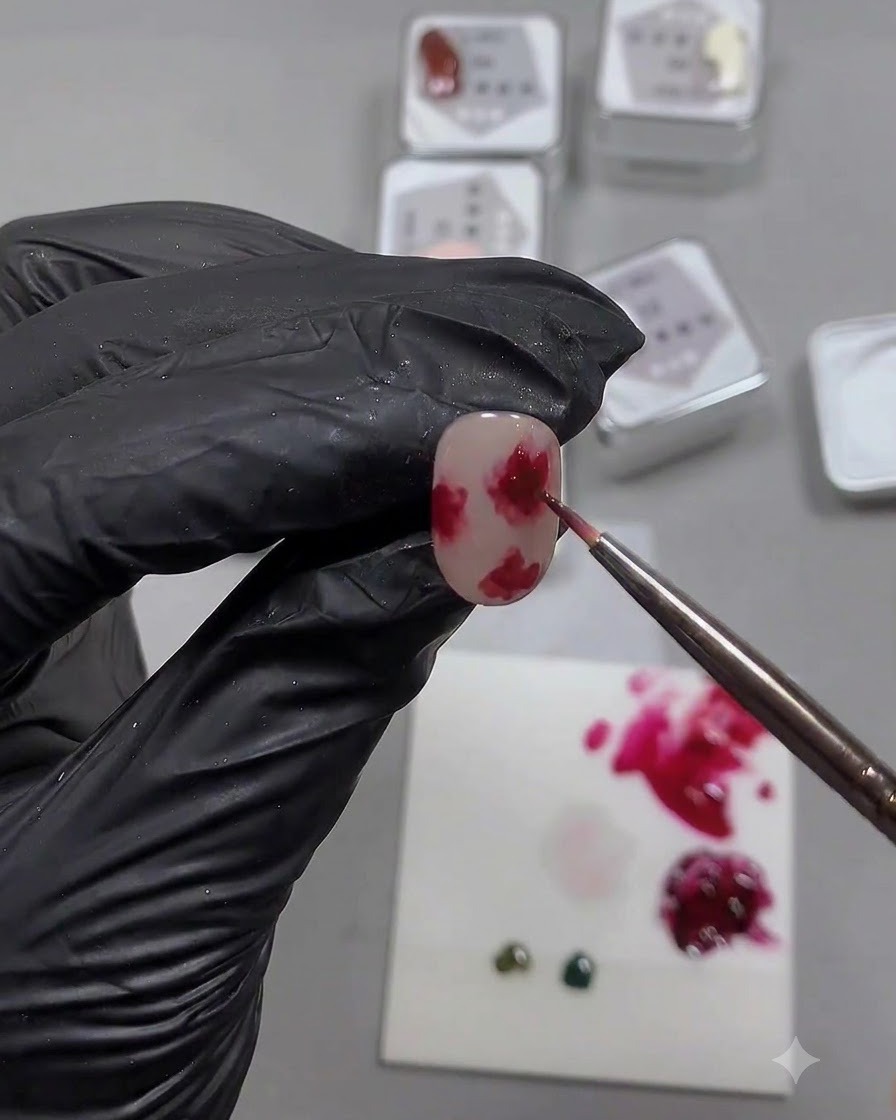 Un pinceau fin appliquant du gel rouge foncé au centre dun design de rose sur un ongle.