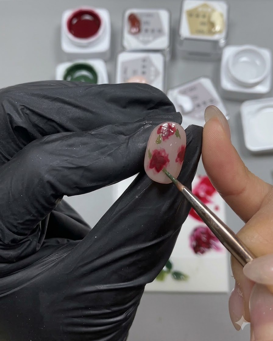 Un pinceau fin peignant des feuilles vertes autour des roses peintes sur un ongle.