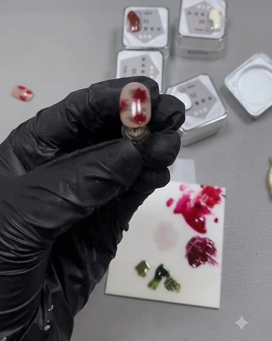 Un ongle fixé sur un support positionné sous une lampe de catalysation.