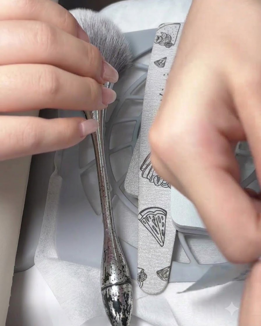 Mains ouvrant une pochette en papier stérile scellée contenant des outils à ongles métalliques professionnels.