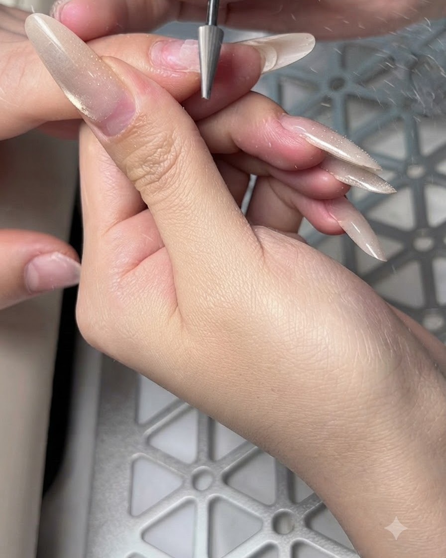 Une ponceuse électrique équipée dun embout en carbure éliminant lancien produit de gainage en gel dun ongle long.