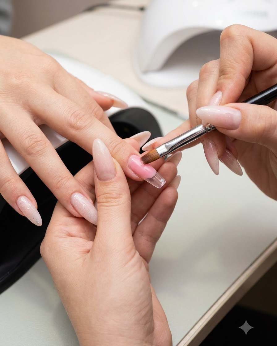 Un pinceau à ongles appliquant une couche de gel de structure transparent sur un ongle rallongé.