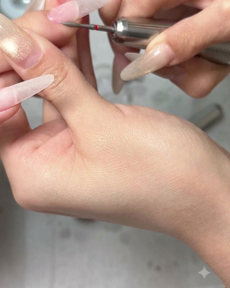 Vue rapprochée dune prothésiste ongulaire utilisant une ponceuse électrique pour lisser et affiner la surface dun ongle long à laspect naturel.