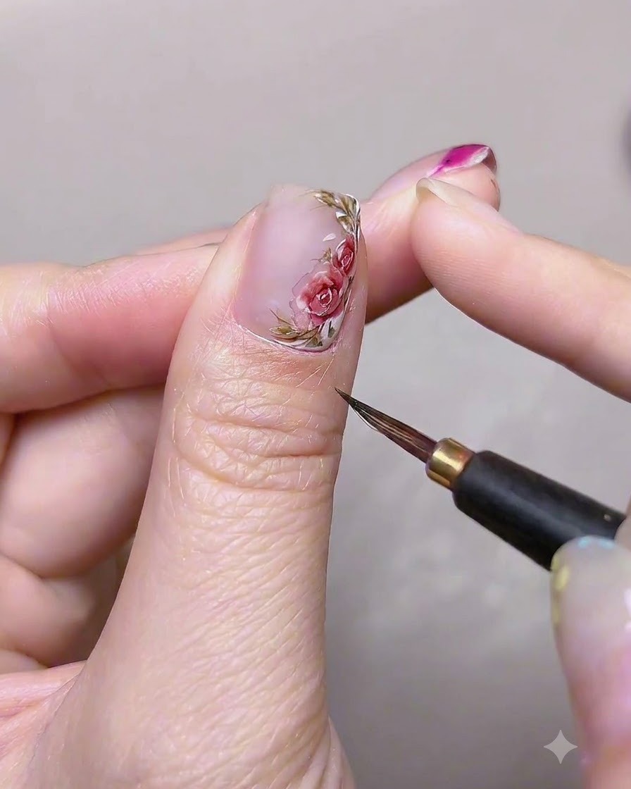 Un pinceau plat à gel appliquant une couche lisse de gel de base transparent sur un ongle de pouce.