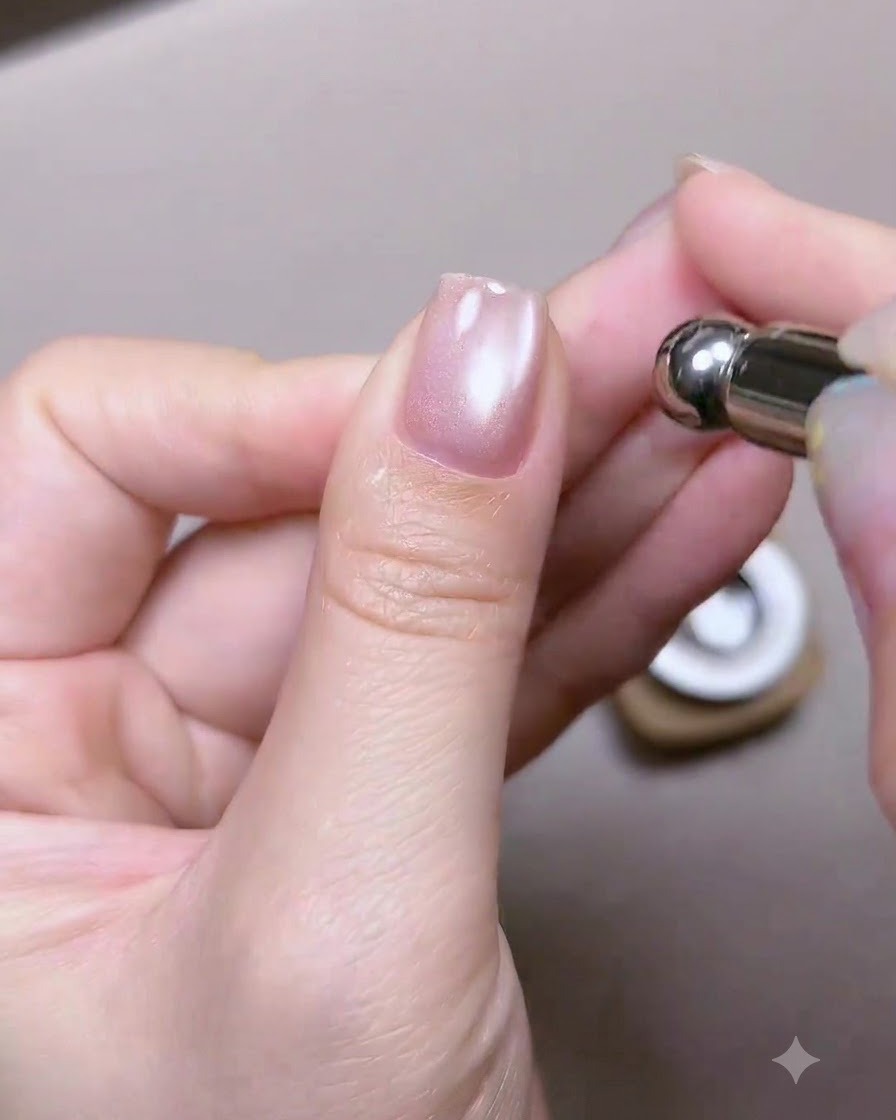 Un aimant tenu près dun ongle de pouce brillant pour aimanter et concentrer les particules scintillantes de leffet cat-eye.