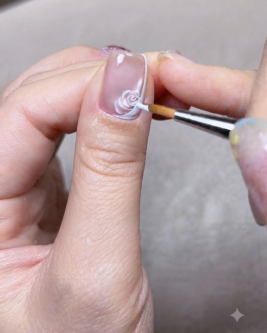 Un pinceau polyvalent peignant les contours blancs des pétales de rose sur longle du pouce préalablement préparé.