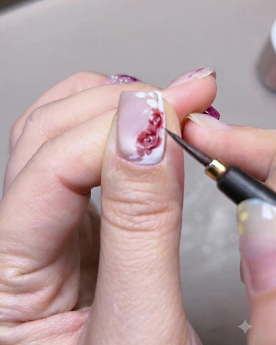 Un cliché en gros plan dun pinceau fin ajoutant des touches finales et de la profondeur à des roses et des feuilles aquarelle détaillées sur un ongle.