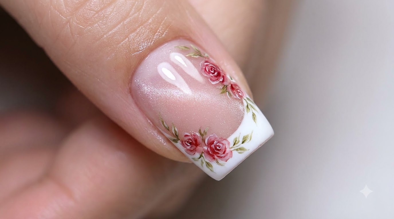 Manucure Française avec Roses Aquarelle et Effet Œil de Chat