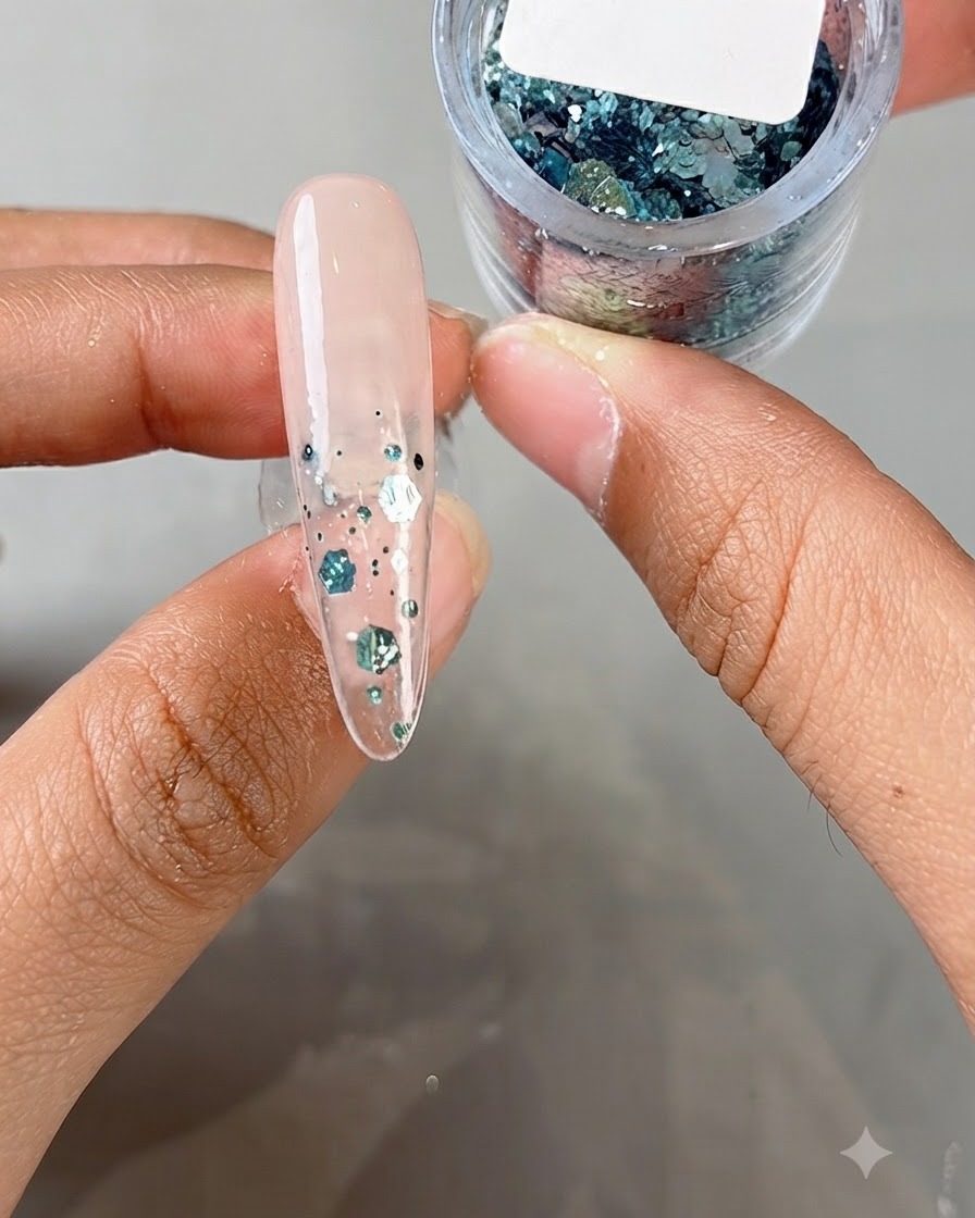 Un long ongle transparent orné de sequins bleus et argentés, tenu au-dessus dun récipient rond ouvert rempli de flocons de paillettes assortis.