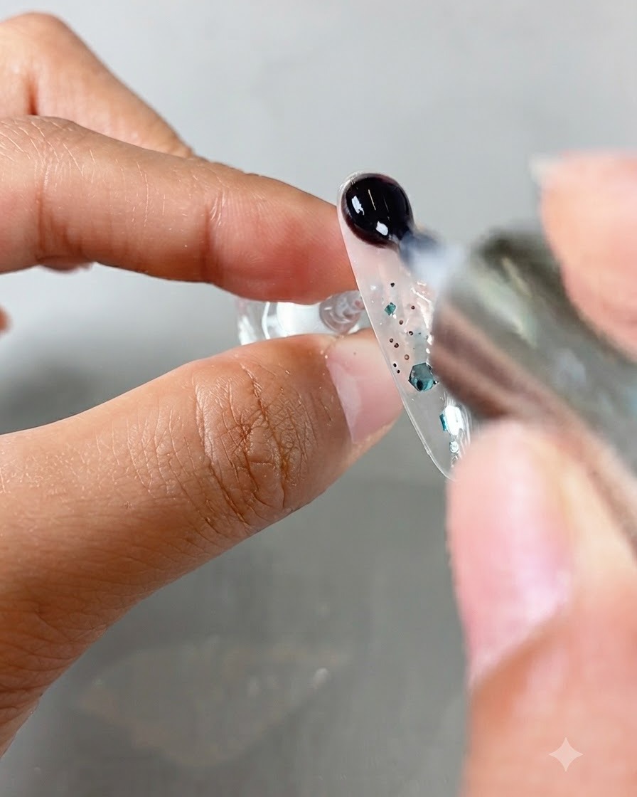 Une goutte de gel transparent appliquée au pinceau sur le dessus dun ongle décoré de sequins.
