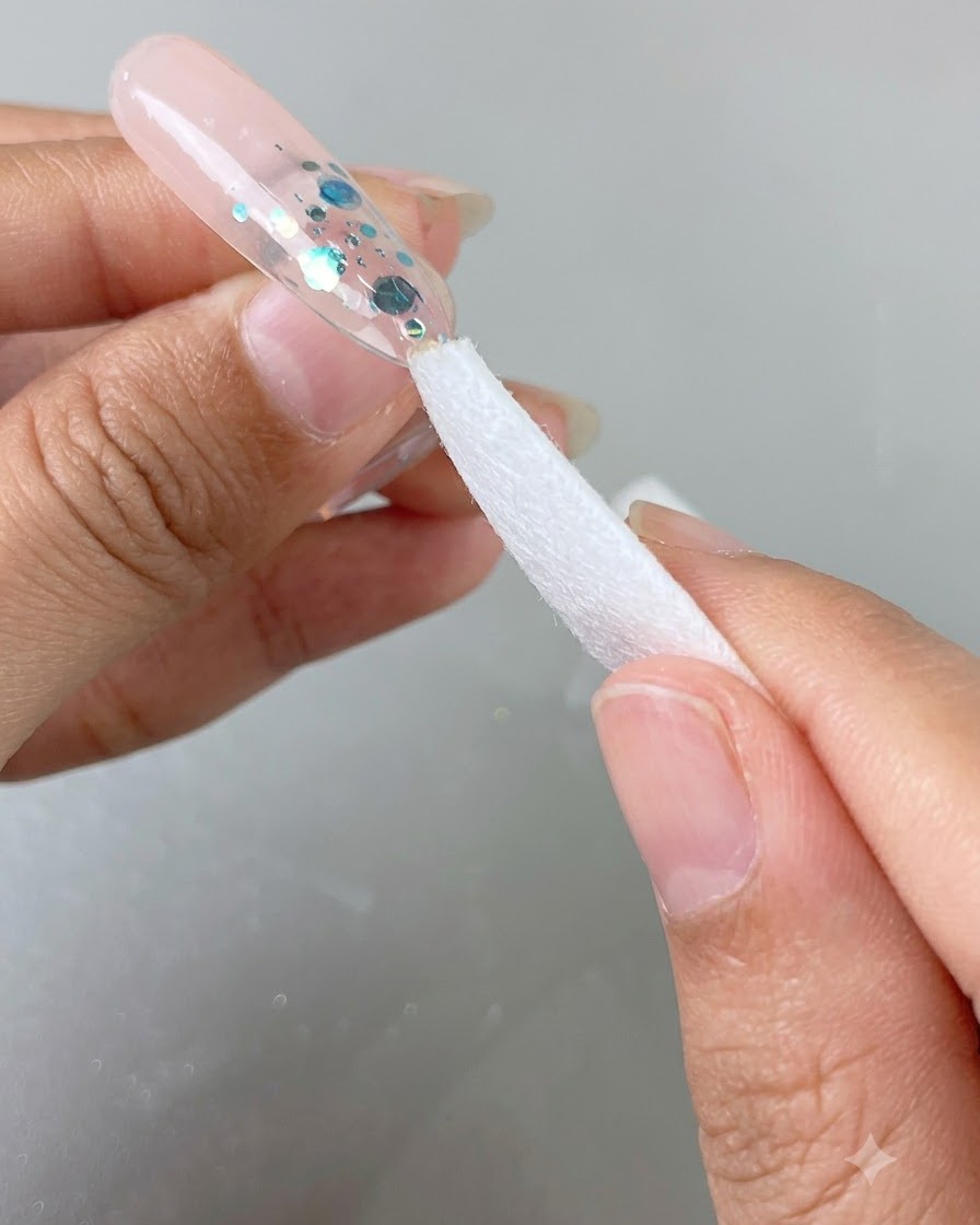 Une lingette nettoyante blanche utilisée pour essuyer le résidu collant dun ongle brillant.