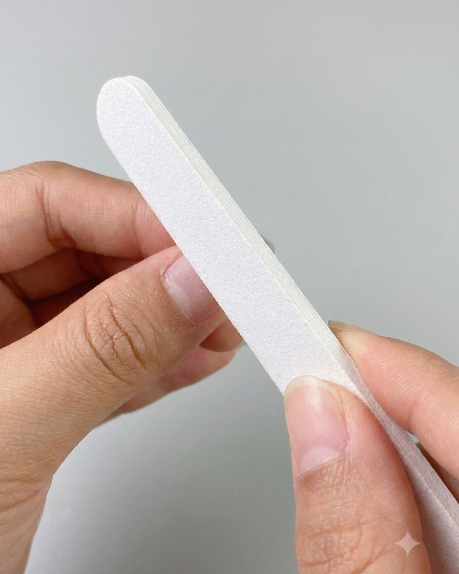 Une lime à ongles blanche tenue entre les mains pour démontrer le lissage et le façonnage.