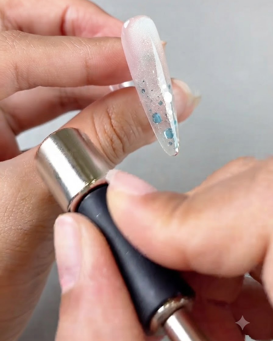 Une baguette magnétique cylindrique utilisée près du côté dun ongle en gel cat-eye.