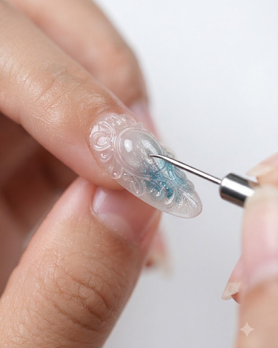 Un bâtonnet doutil de modelage en silicone sculptant des facettes détaillées dans des pétales de fleurs transparents sur un ongle fini.