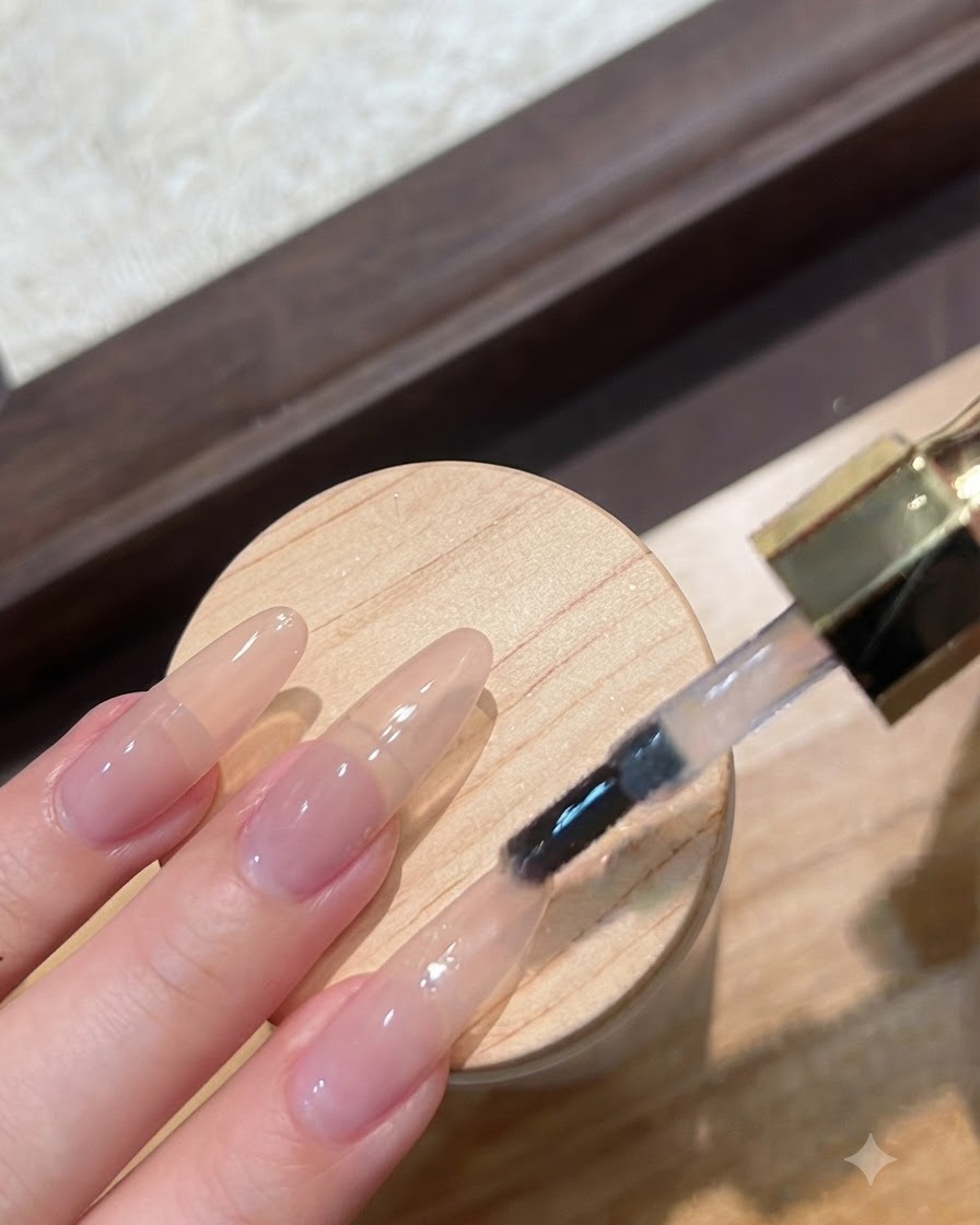 Un pinceau à ongle appliquant un top coat transparent sans résidu sur certains doigts sélectionnés.