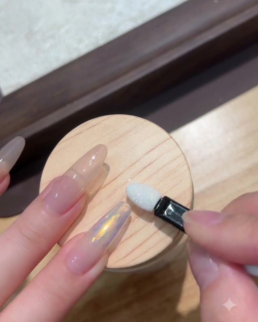 Une éponge applicatrice frottant de la poudre moonlight sur un ongle pour créer un fini aurore.