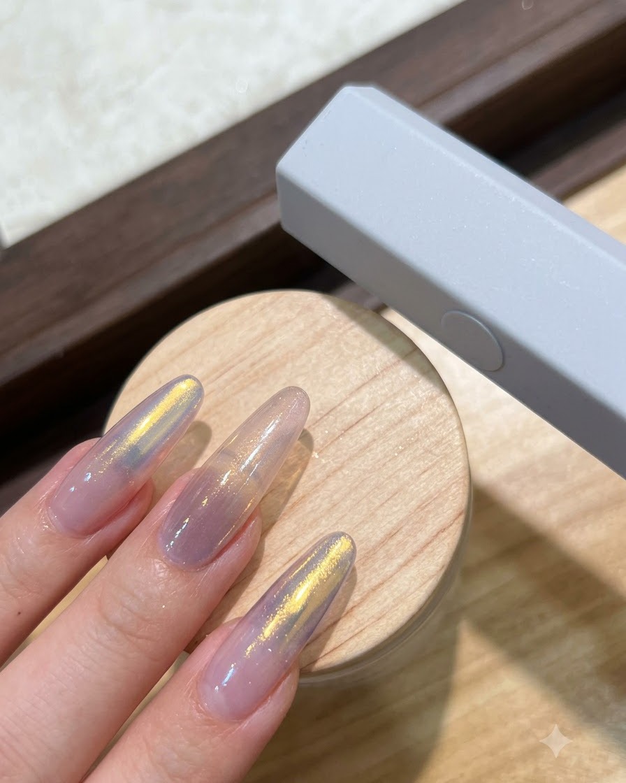 Une pince métallique attrapant un petit strass pointu blanc sur une palette.