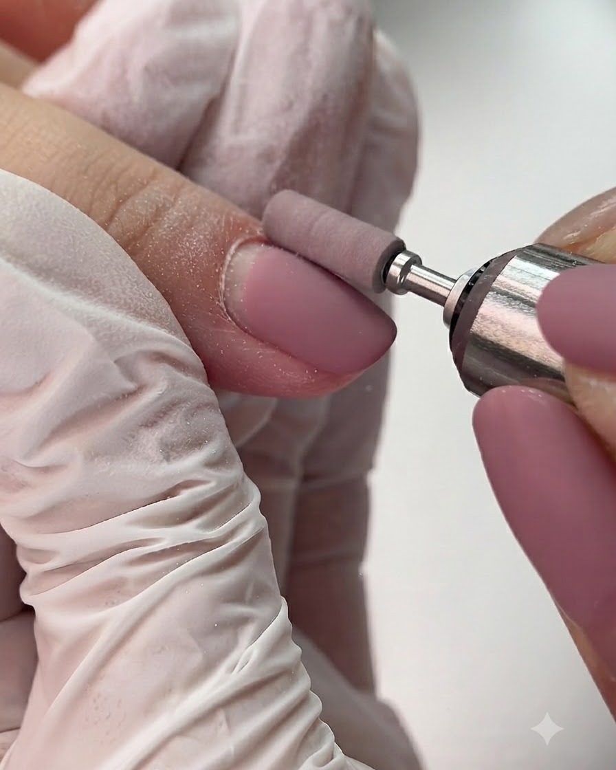 Un accessoire de manchon ponceur sur une ponceuse polissant doucement la surface mate dun ongle rose.