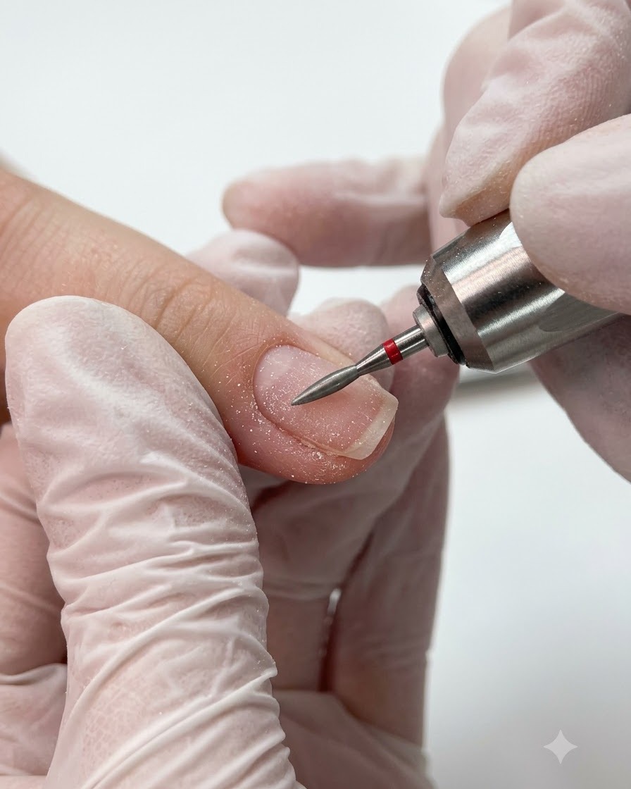 Un embout de ponceuse en forme de flamme à bague rouge effectuant un nettoyage de précision le long du repli cuticulaire.