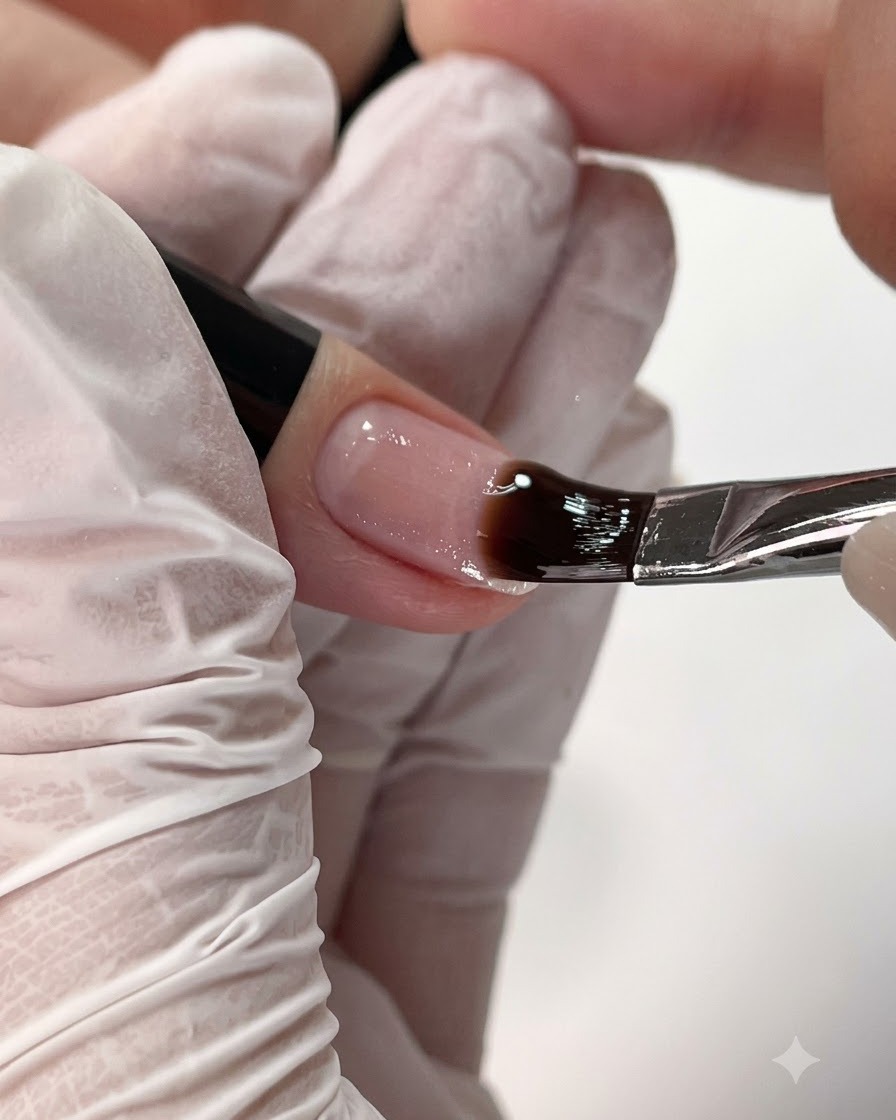 Un pinceau à ongle appliquant une fine couche de gel de base transparent sur un ongle naturel.