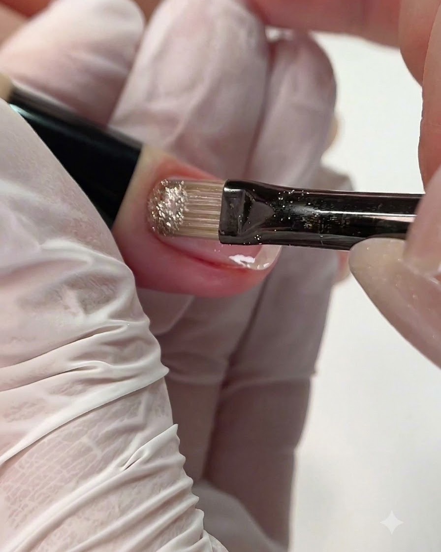 Un petit pinceau plat appliquant du gel diamant écrasé scintillant sur le bord postérieur dun ongle.