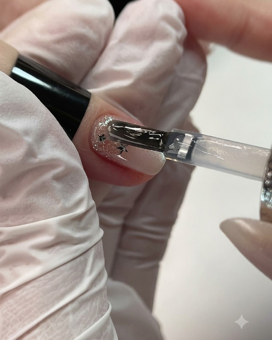 Un pinceau déposant une goutte de gel de construction transparent près de la zone des cuticules dun ongle.