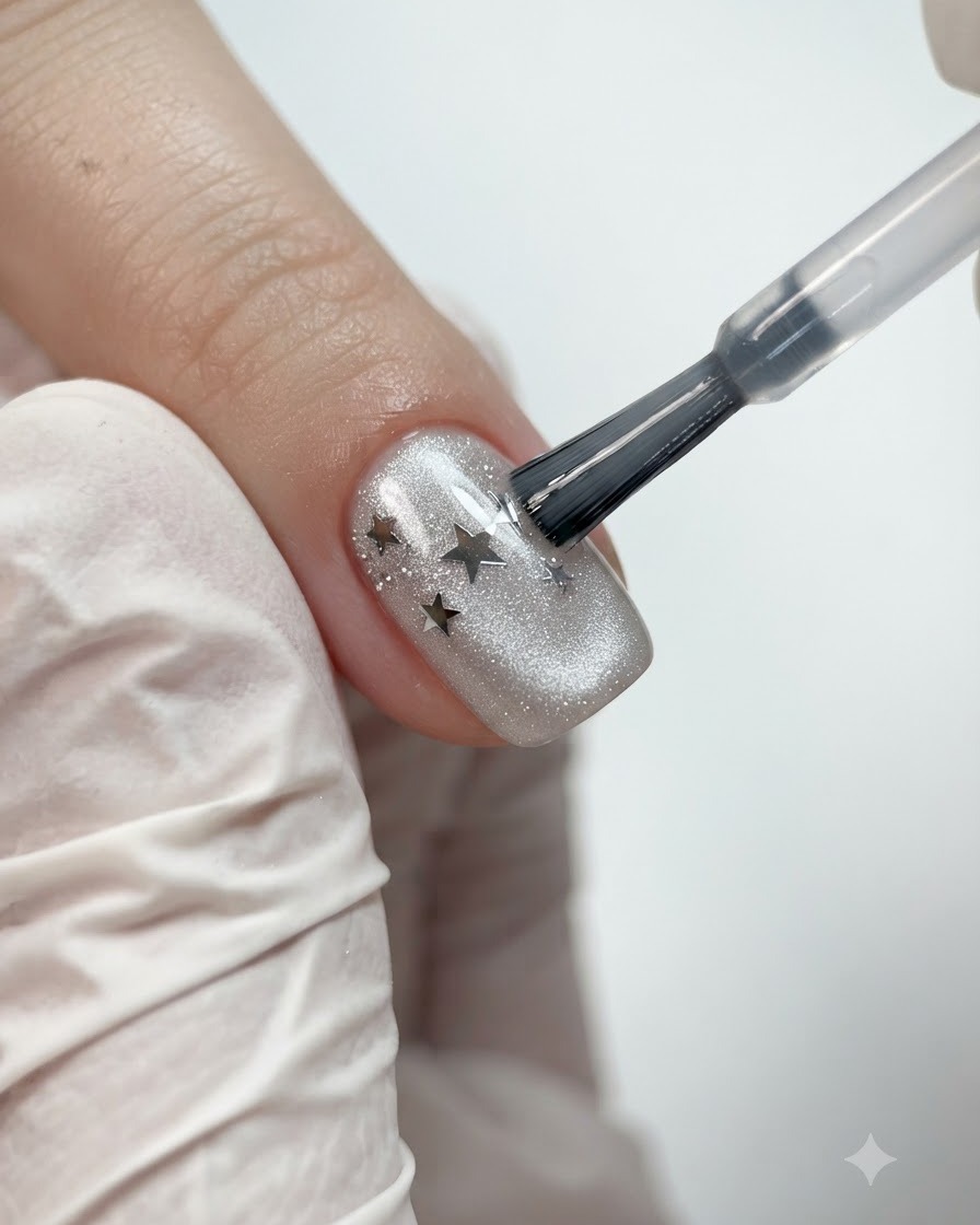 Un pinceau fin de détail lissant et affinant le gel de construction transparent sur un ongle manucuré.