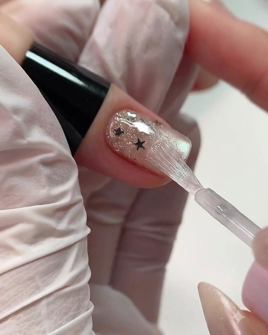 Un petit applicateur en éponge tapotant et lissant délicatement le gel près de la zone des cuticules dun ongle.