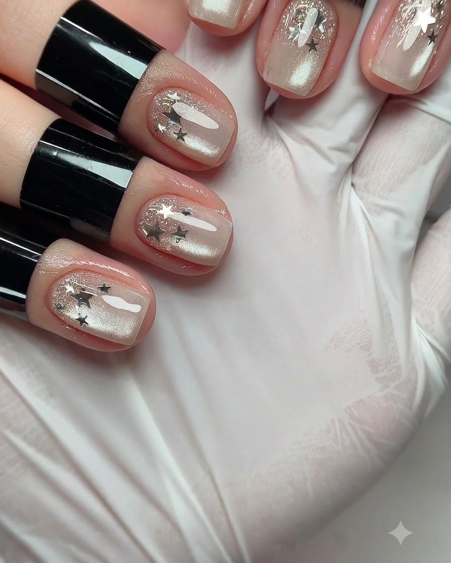 Un pinceau de manucure appliquant un vernis gel œil-de-chat argenté scintillant sur un ongle.
