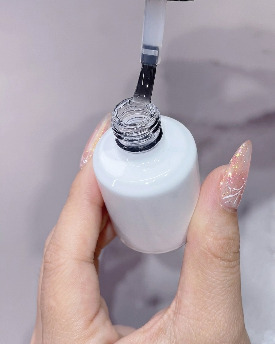 Une main tenant un flacon blanc ouvert de top coat avec lapplicateur pinceau levé, montrant un vernis liquide transparent sur fond clair.