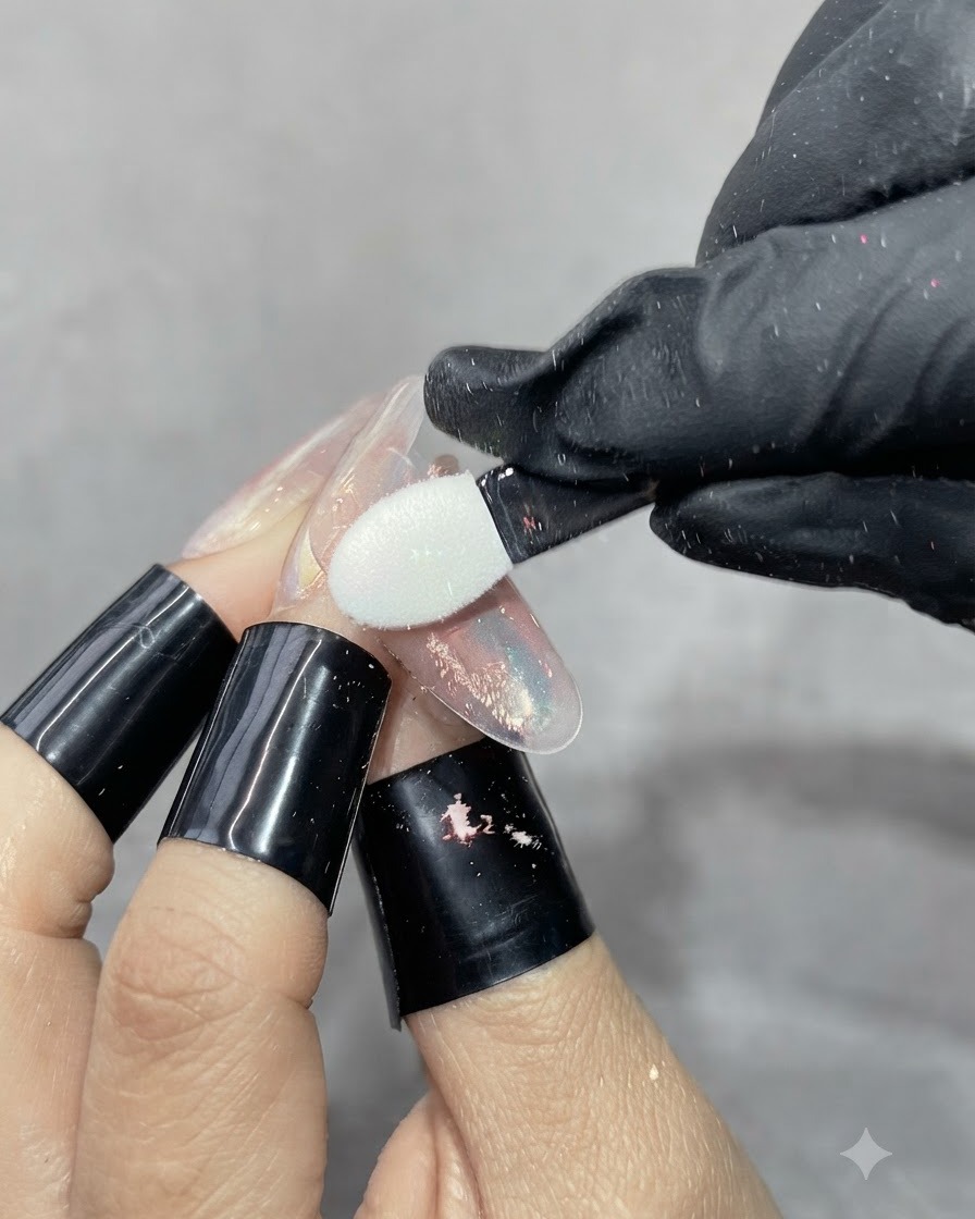 Une main gantée utilisant un applicateur éponge blanc pour frotter de la poudre aurore sur une extension dongle translucide.