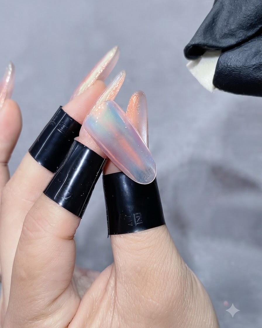 Un tampon éponge propre essuyant lexcédent de poudre aurore libre dun ongle brillant.