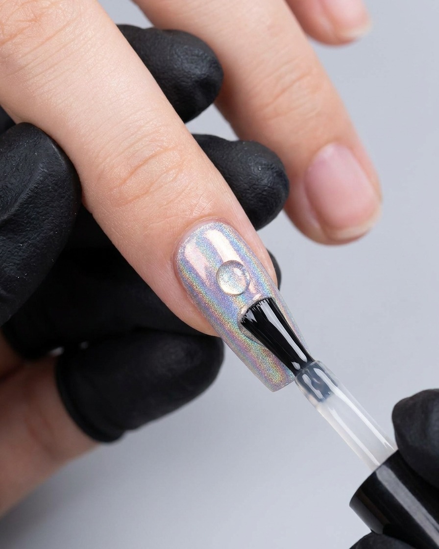 Un pinceau appliquant une goutte transparente de gel de renforcement au centre dun ongle holographique.
