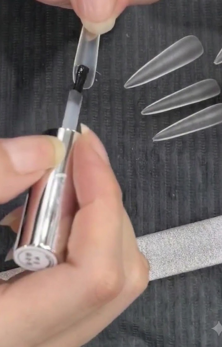 Pinceau appliquant de la colle à ongles transparente sur la encoche dune capsule dongle demi-couvrante en amande.