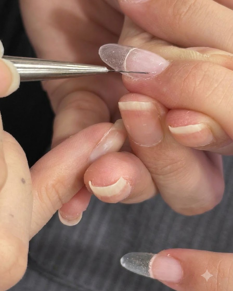 Pinceau fin lissant le gel de structure près de la zone des cuticules.