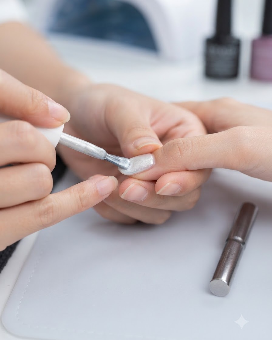 Pinceau à ongles appliquant une couche de gel œil-de-chat blanc laiteux scintillant sur un ongle.