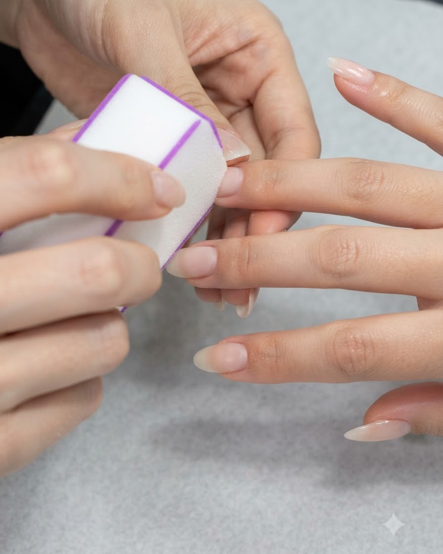 Pinceau à maquillage doux balayant délicatement lexcès de poudre de la surface dun ongle manucuré.