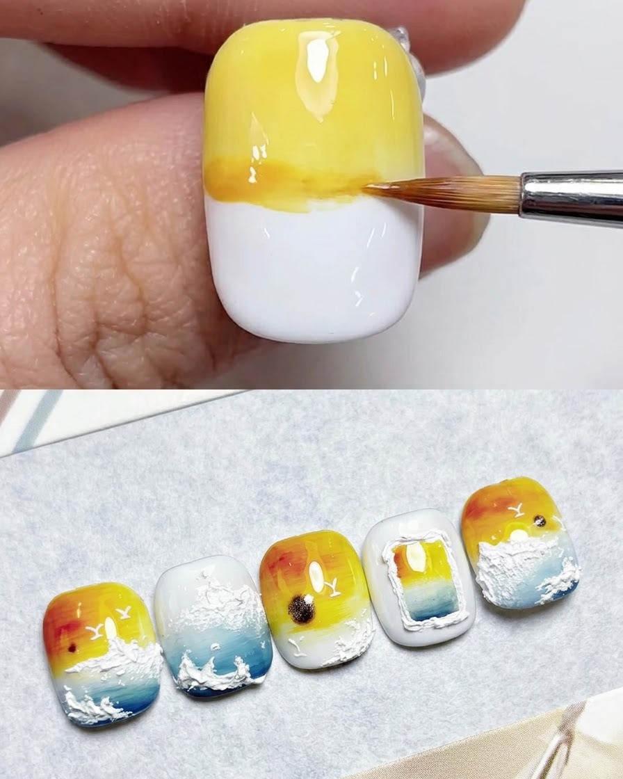 Un pinceau en dent de scie estompant le gel jaune pâle sur la partie supérieure dun ongle blanc.