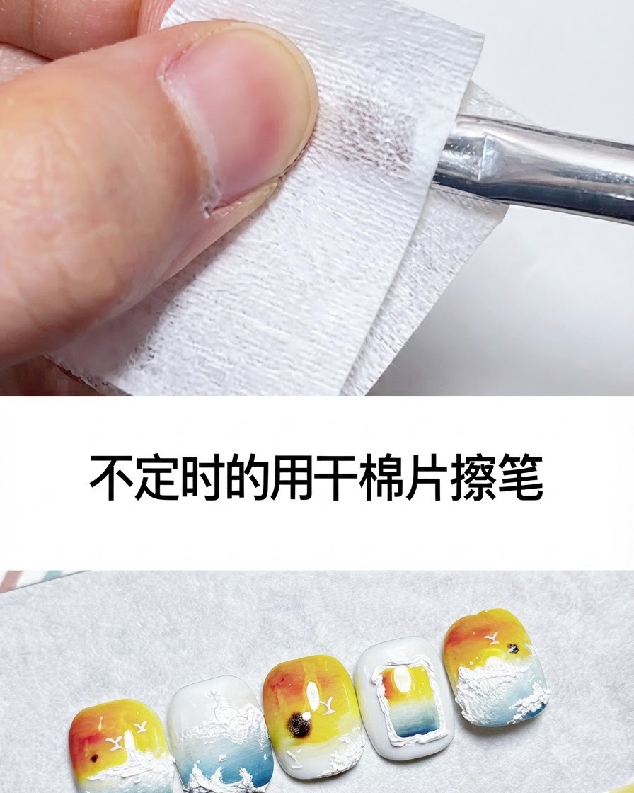Un pinceau de nail art nettoyé en lessuyant sur un coton sec.