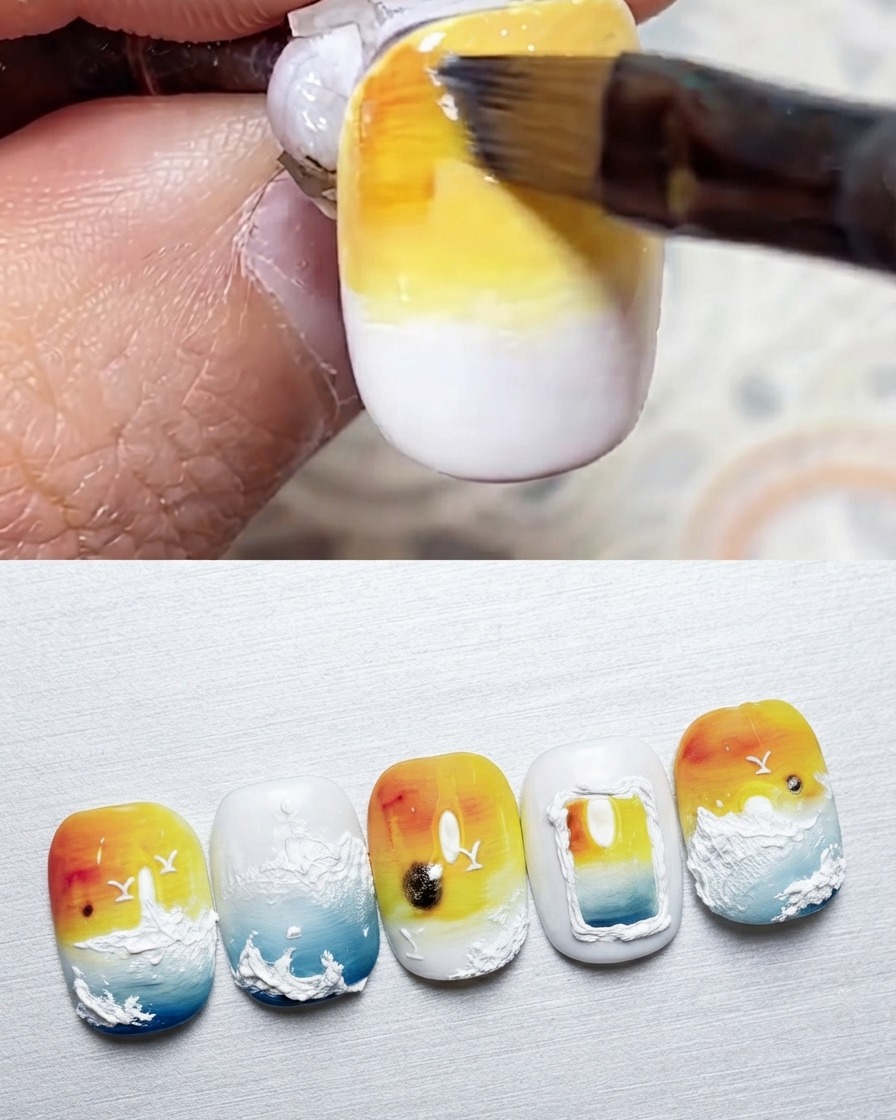 Un pinceau appliquant du gel orange doré sur le haut de longle.