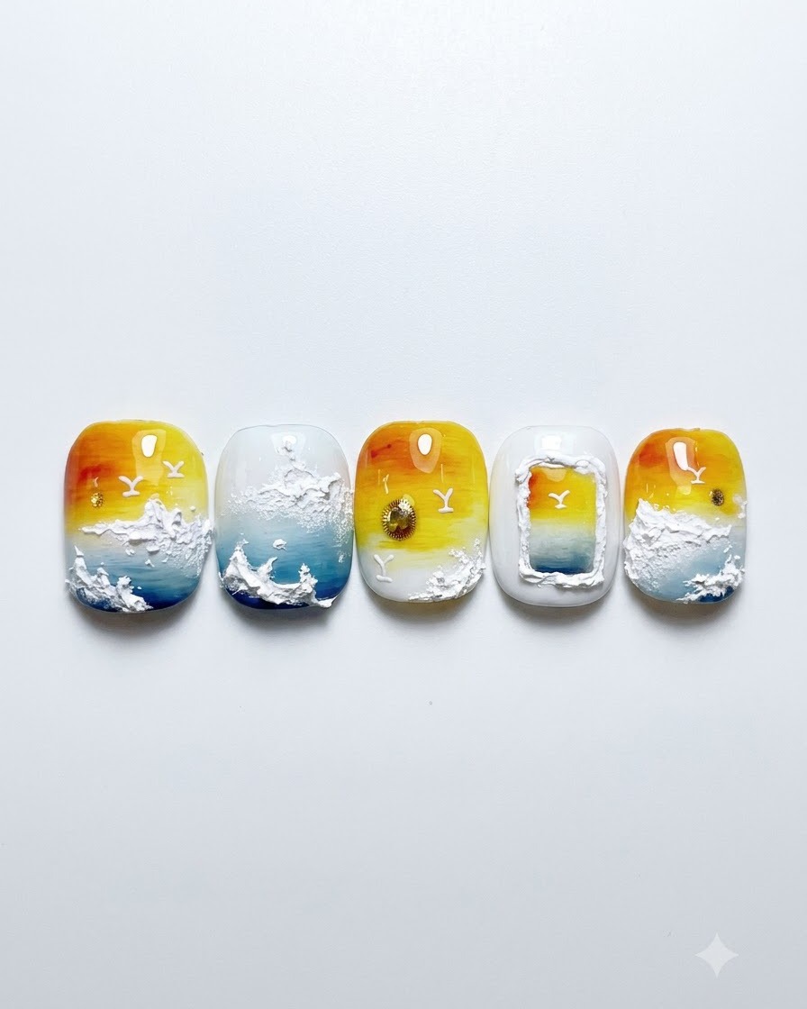 Un outil à pointer (doting tool) plaçant un petit point de gel cat-eye doré sur un ongle en dégradé coucher de soleil jaune et bleu.