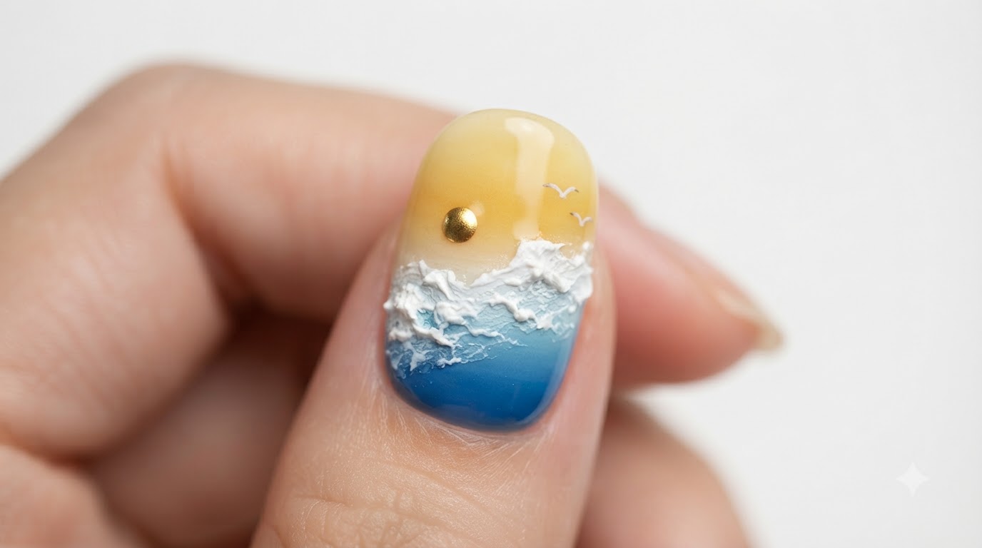 Nail art dégradé coucher de soleil au bord de mer — Tutoriel vagues océanes pas à pas