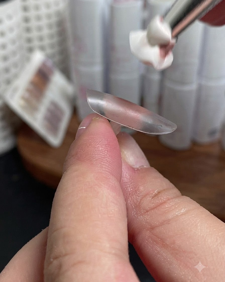 Un pinceau appliquant une base rose clair sur une capsule dongle transparente.