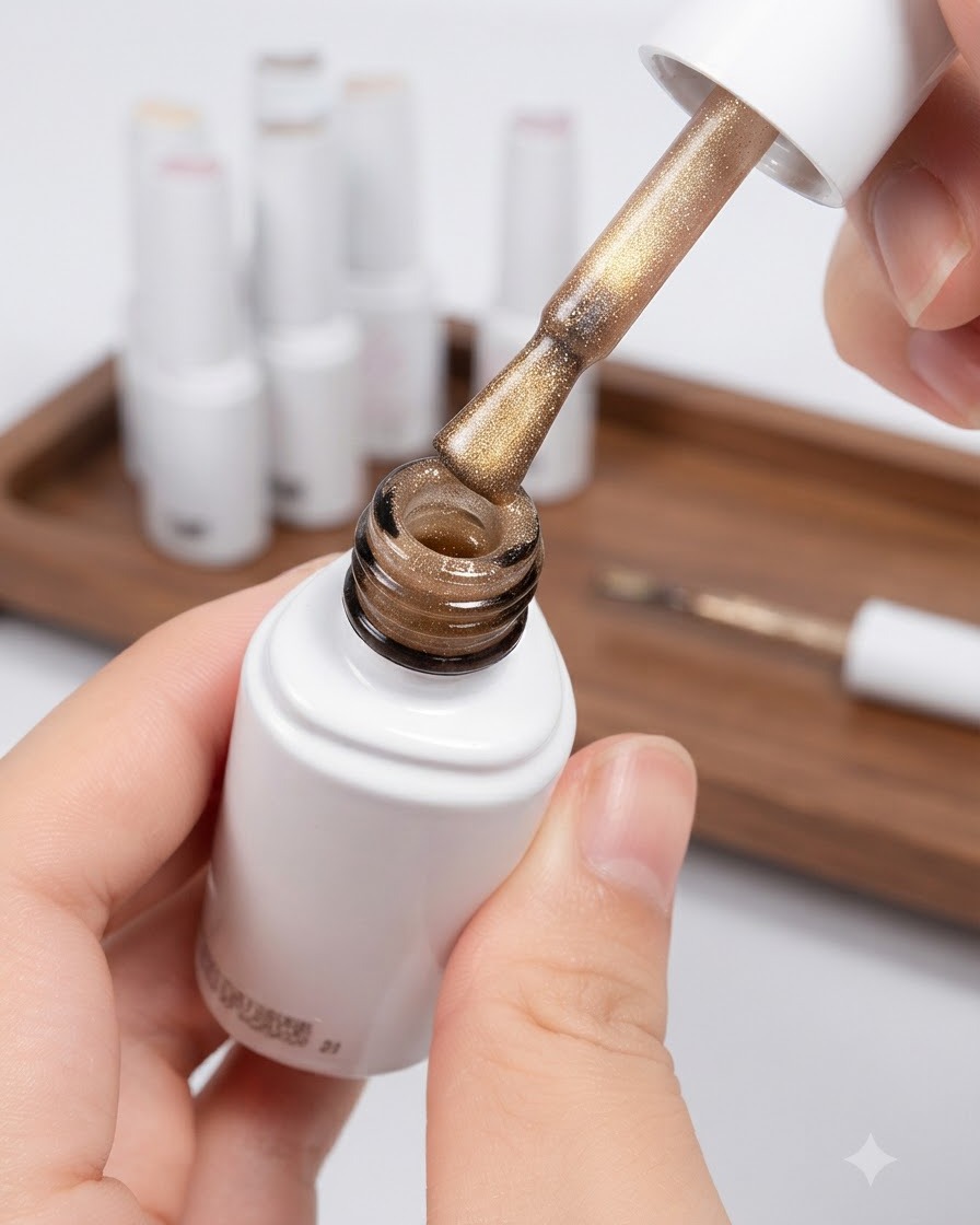 Un pinceau prélevant du vernis cat-eye doré dans un flacon blanc.