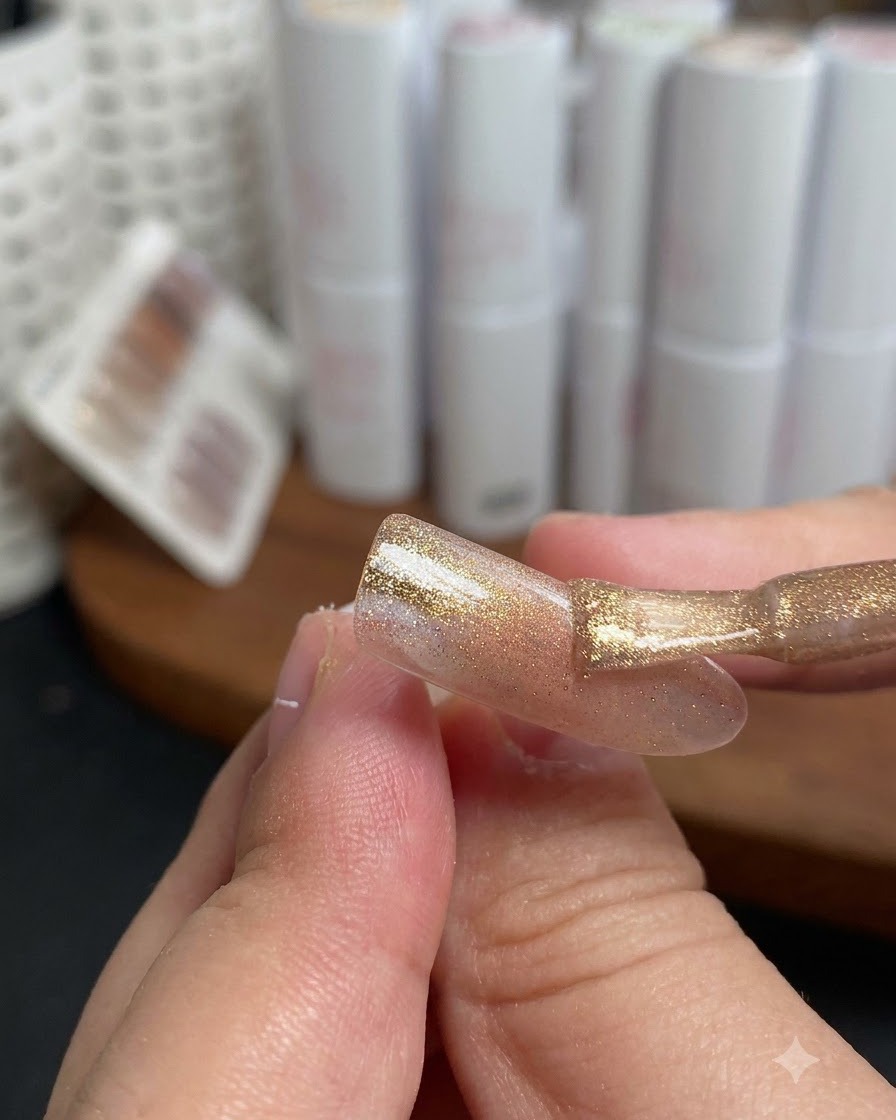 Un pinceau appliquant du vernis cat-eye doré tout en montrant lalignement des reflets sur la pointe de longle.